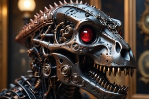 In a sharp-focused, soft-lit close-up, an orate steampunk black ceramic metal T-Rex skull dominates the frame. Copper gears adorn the huge skull's surface, while ruby glass camera lens eyes gaze into the distance with piercing intensity. The matte titanium and ceramic black hues of the skull contrast sharply against the rich circuitry-embedded background.