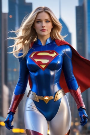 A dreamy Supergirl stands confidently against a warm cityscape backdrop, her long golden blonde hair blowing in the wind, streaked with subtle highlights framing her radiant face. Her vibrant makeup accentuates her striking facial structure as she gazes directly at the camera, blue eyes sparkling like stars on a clear evening sky. She wears a stunning white, red, and blue outfit with loose folds, complemented by matte Kryptonian ceramic mecha armor computer with gauntlets, leggings, and boots,mecha\(hubggirl)\