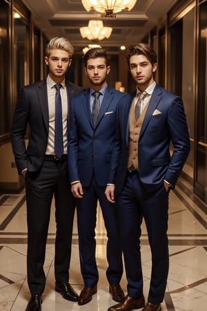 High detailed , 2people\((3men)), ((standing side by side)), ((suit)), (suit pants), (Oxfords), different color hair, different height, muscled, handsome, stubble\) , 8k HD wallpaper,intricate details, (hotel lobby), (full body), ((people focus)), close up, 