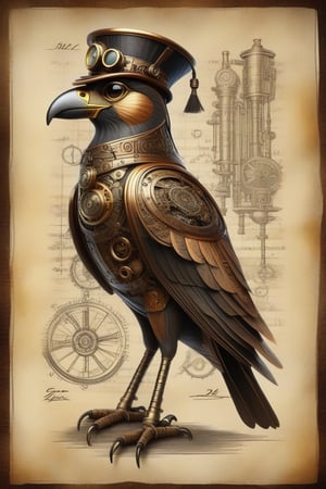 patent style drawing of steampunk Horus in ink on old parchment paper,(steampunk:1.2),old fashioned,nostalgic, dark background, ancient hieroglyphic inscriptions, DonMSt34mPXL
