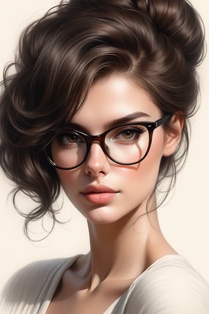 pencil Sketch of a beautiful young sexy hot woman, with dark brown updo style hair, black rimmed glasses, alluring, portrait by Charles Miano, pastel drawing, illustrative art, soft lighting, detailed, more Flowing rhythm, elegant, low contrast, add soft blur with thin line, 