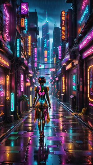  A neon-lit alleyway at night, rain-soaked and mysterious, where cyberpunk shadows converge. Neon signs casting a kaleidoscope of colors across wet pavement, as raindrops create a mesmerizing shimmer effect. Amidst the gloom, hybrid figures of human-machine fusion emerge, their forms shrouded in mystery. Framed by towering skyscrapers, this cyberpunk nightscape pulses with futuristic energy.