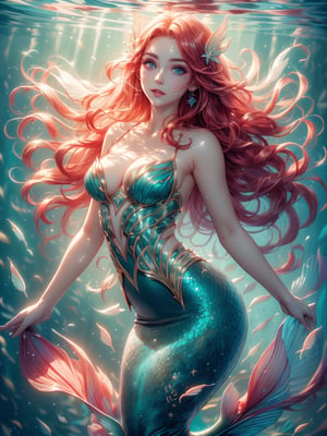 exquisite image of a beautiful mermaid, Ariel from the little mermaid, lilly collins, Laetitia Casta, best quality, highly detailed, ultra-detailed, illustration, masterpiece,extremely detailed eyes and face
crystalline waters, flowing iridescent tail, light reflections and refraction, beautiful underwater environment, coral reefs,  aquatic plants, kaleidoscope of colorful fish,  vibrant underwater world, Mermaid, perfect deep blue eyes, perfect hair, perfect face, perfect mermaid body, perfect underwater background,1 girl,yuzu