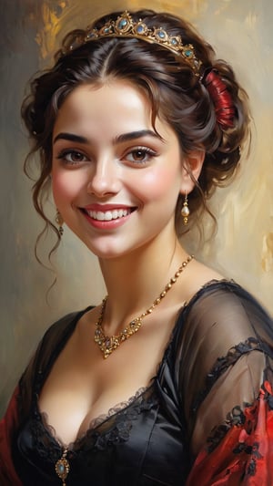 An oil painting in the style of John Singer Sargent and a print by Ivana Besevic, the lighting style of Rembrandt. A beautiful portrait of a 25-year-old chubby young Arabian princess. A detailed, beautiful, mature round chubby face, beautiful surprised happy ecstatic laughing  bexpression, elegant updo hairstyle, beautiful, large eyes and full lips, (( intense saturated dark red black lace shades of color ))