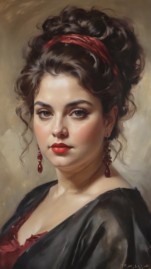 An oil painting in the style of John Singer Sargent and a print by Ivana Besevic, the lighting style of Rembrandt. A beautiful portrait of a 40-year-old chubby Persian lady. A detailed, beautiful, mature round chubby face, elegant updo hairstyle, beautiful, large eyes and full lips,  intense saturated dark red black shades of color