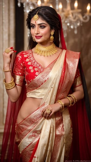Full Body fashion portrait of a Sexy super Hot Indian woman, Janhvi Kapoor, Morena Baccarin,(((long black hair))),wearing red saree,((simple minimal gold diamond accessories)), bridal photoshoot, (((curvy accentuated body))), sexy girl, perfect body, jaw-dropping beauty,  sexy hot body, very sexy pose, scantily clad, smooth in the background, focusing on camera, low angle,((seducing viewer) ),professional studio lighting, 100mm, F/1.8, insanely detailed and intricate, character, hypermaximalist, elegant,beautiful, sensual, gorgeous, revealing, appealing, attractive,stunning face,slightly smiling face,hyper-realistic, super detailed, FULL BODY picture,wide view,film grain