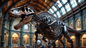 a sharp-focused, soft-lit wide low angle shot, in the Huge hall of the Cyborg Natural history museum, a centerpiece display, of an orate steampunk black ceramic metal T-Rex Skeleton dominates the frame. Copper gears and wires and cables adorn the huge Skeletons surface from head to tail, while emerald glass camera lens eyes gaze into the distance with piercing intensity. The matte titanium and ceramic black hues of the skull contrast sharply against the rich circuitry-embedded background, 