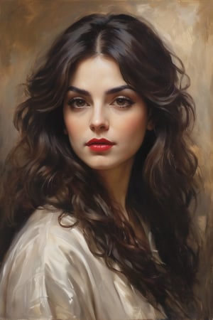An oil painting in the style of John Singer Sargent and a print by Ivana Besevic, the lighting style of Rembrandt. A beautiful portrait of a 40-year-old  Persian lady. A detailed, beautiful, mature round chubby face, elegant long dark hairstyle, beautiful, large eyes and full lips,  intense saturated dark red black shades of color