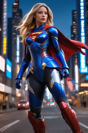 Full body dynamic wide angle heroic portrait , A dreamy Supergirl stands confidently against a warm cityscape backdrop, her long golden blonde hair blowing in the wind, streaked with subtle highlights framing her radiant face. Her vibrant makeup accentuates her striking facial structure as she gazes directly at the camera, blue eyes sparkling like stars on a clear evening sky. She wears a stunning titanium, red, and blue outfit with loose folds, complemented by matte Kryptonian ceramic mecha armor computer with gauntlets, leggings, and boots,mecha\(hubggirl)\, BREAK

Busy, scifi futuristic cyberpunk street scene at night