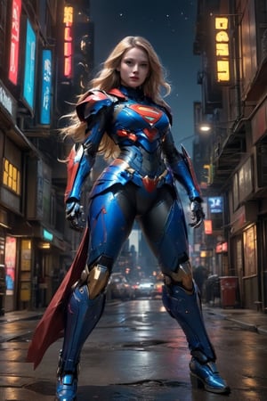 Full body dynamic wide angle heroic portrait , A dreamy Supergirl stands confidently against a warm cityscape backdrop, her long golden blonde hair blowing in the wind, streaked with subtle highlights framing her radiant face. Her vibrant makeup accentuates her striking facial structure as she gazes directly at the camera, blue eyes sparkling like stars on a clear evening sky. She wears a stunning titanium, red, and blue outfit with loose folds, complemented by matte Kryptonian ceramic mecha armor computer with gauntlets, leggings, and boots,mecha\(hubggirl)\, BREAK

Busy, scifi futuristic cyberpunk street scene at night