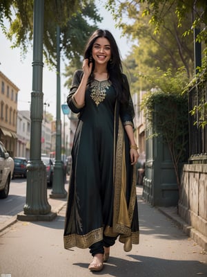 ((High resolution)),((high detailed)), (Portrait of a beautiful young woman:1.3), (sunlit road:1.2), (joyful laughter:1.2), (flowing black hair:1.2), (Indian Salwar suit:1.3), (curvy figure:1.3), (vibrant street:1.2), (small shops:1.2), (lush trees:1.2), (highly detailed:1.3), (cinematic lighting:1.2), (photorealistic painting:1.3), (ethereal atmosphere), (captivating smile), (emotive expression), (golden hour lighting), (impeccable fashion), (trending on Instagram), (artistically composed), (impressive use of colors).,Realism