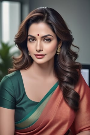 create a hyper realistic vertical photo of Indian most attractive woman in her 50s, Trendsetter long wavy hair, trending on artstation, portrait, digital art, modern, sleek, highly detailed, formal, determined, wearing plain cotton saree, in luxurious office, 36D , fairy tone, fair skin, flirty gaze, anne hathway