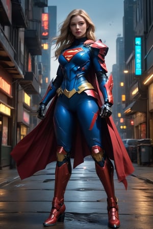 Full body dynamic wide angle heroic portrait , A dreamy Supergirl stands confidently against a warm cityscape backdrop, her long golden blonde hair blowing in the wind, streaked with subtle highlights framing her radiant face. Her vibrant makeup accentuates her striking facial structure as she gazes directly at the camera, blue eyes sparkling like stars on a clear evening sky. She wears a stunning titanium, red, and blue outfit with loose folds, complemented by matte Kryptonian ceramic mecha armor computer with gauntlets, leggings, and boots,mecha\(hubggirl)\, BREAK

Busy, scifi futuristic cyberpunk street scene at night