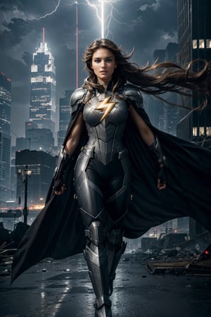 Amidst a cityscape of towering skyscrapers and neon-lit streets, chaos brews—a scene set for our formidable female superhero to emerge. With a flash of light and a rush of wind, she descends from the sky, a vision of power and valor. Her costume, a blend of sleek design and resilient armor, gleams under the city lights, a symbol of unwavering strength. She moves with an agile grace, each step a testament to her prowess. Her cape billows behind her, a flowing emblem of determination that dances with the rhythm of her movements. Eyes, bright and focused, scan the cityscape for signs of trouble. Her gaze holds a steely resolve, a reflection of her commitment to protect and defend. The city's cries for help echo in her ears, guiding her toward the heart of the turmoil. With lightning speed, she springs into action, a force to be reckoned with. Her abilities, honed through dedication and training, manifest in awe-inspiring displays of power. Whether it's superhuman strength, dazzling agility, or a mastery of elements, she wields her gifts with a sense of responsibility. In the heat of battle, she stands unwavering—a beacon of hope amidst the chaos, a guardian determined to shield the innocent from harm. Her actions are swift and decisive, calculated yet fueled by a deep-seated compassion for those in need. The city witnesses her bravery firsthand, as she faces adversaries with unwavering resolve, never faltering in her mission to defend the vulnerable and uphold justice. In this urban symphony of turmoil and heroism, she is not just a superhero; she's a symbol of courage, resilience, and unwavering determination—a protector whose valor inspires hope in the darkest of moments.,REALISTIC,Epicrealism