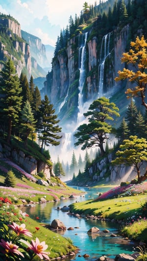 a digital painting of a stream running through a lush green field with trees and flowers, inspired by sylvain sarrailh, painted by andreas rocha, andreas rocha style, inspired by Andreas Rocha, in style of atey ghailan, by Andreas Rocha, the style of andreas rocha, anime countryside landscape, by sylvain sarrailh, inspired by Atey Ghailan, scenery artwork, sylvain sarrailh, scenery art detailed, anime nature wallpap, background art, scenery game concept art, landscape illustration, Atey Ghailan, anime landscape, anime nature