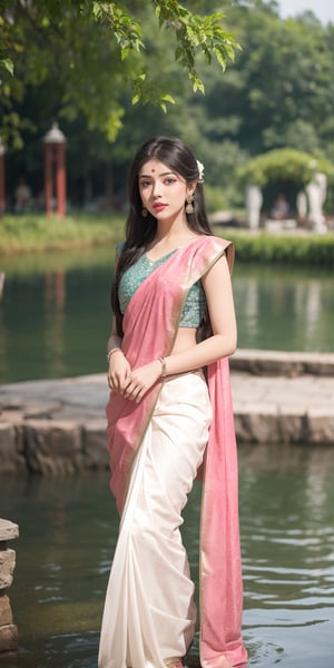 A girl dressed in a sexy cream rose colored saree ,  ,pink lips , black eyes, cute , beside a lake. Looking like indian apsara 