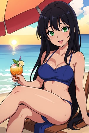 A beautiful and sexy anime girl, with long black hair, green eyes, sitting on the beach, sipping a refreshing cocktail, looking out at the horizon, the sun shining on her face and her hair, a cheerful and relaxing atmosphere, 8K, photorealistic and highly sophisticated details