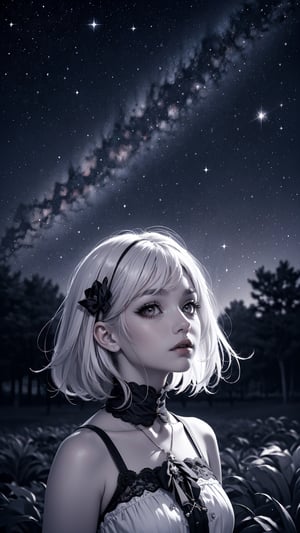  a starry night sky, very luminous, 8k, realistic, fluffy, soft,kawaiitech,(((1girl, black and white hair, grey eye)))