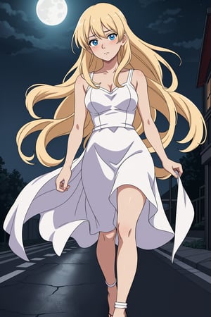 A beautiful and elegant anime girl, with blonde hair, blue eyes, walking along an empty and lonely street at night, looking around nervously, worried for her safety, afraid of what lies ahead, the moonlit sky behind her, a charming but vulnerable expression, 8K, photorealistic and highly sophisticated details