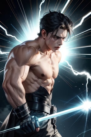 a electrifying atmosphere with vibrant special effects, crackling energy, and powerful poses. Enhance the realism by detailing his muscle definition, scars from battles, and the determined expression on his face.