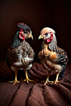 2 baby chickens with colourful feathers 4k super detail