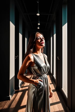 A portrait of a woman wearing a reflective dress, an image of the  city street scene on the dress, In the style of Brandon Woelfel & Edward Hopper, neon-lit photography, --parameter 60 chaos, --parameter 950 stylize





