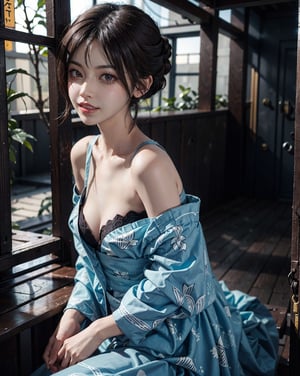 short-hair, pov_eye_contact, yukata, chinese, lips, brown eyes, black-hair, down turn eyes, lips, white_teeth, bare_shoulder, side boobs