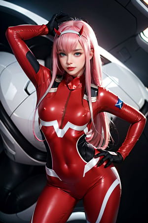 zero two \(darling in the franxx\), darling in the franxx, 1girl, bangs, biting, blush, covered navel, eyeshadow, green eyes, hair behind head, hand on hip, horns, smile, long hair, looking at viewer, makeup, medium breasts, pilot suit, red suit, pink hair, red eyeshadow, science fiction, skin tight, solo 