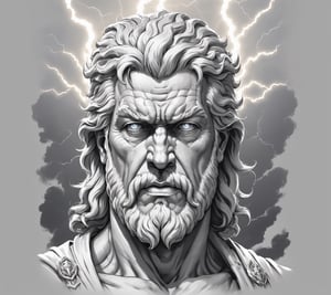 4k detail, god zeus, with a lightning bolt, full view wide angle view, (centered on a white background), T-shirt design illustration, photo r3al, T-shirt design illustration, on a white background, more detail XL, 