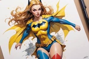 a masterpiece, sticker of a batgirl/supergirl from dc comic wearing alternate yellow costume, coy and alluring, full body, Kim Jung gi, freedom, soul, digital illustration, comic style, cyberpunk, perfect anatomy, centered, approaching perfection, dynamic, highly detailed, watercolor painting, artstation, concept art, smooth, sharp focus, illustration, art by Carne Griffiths and Wadim Kashin, unique, award winning, masterpiece
