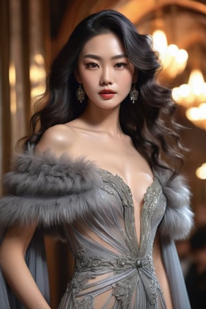 best quality, masterpiece,								
The beautiful Japanese model, her long wavy dark silver hair flowing elegantly, perfectly embodies the intertwining of Art Nouveau's flowing lines with Gothic's enigmatic depth, of her sheer see thru dress. This contemporary piece is artfully paired with a fur trim capelet, adding a touch of opulence. Her look is further elevated by see thru gown, making her the epitome of a glamorous Hollywood star, seamlessly blending historical elegance with modern flair.
ultra realistic illustration,siena natural ratio, by Ai Pic 3D,	16K, (HDR:1.4), high contrast, bokeh:1.2, lens flare,	head to toe,	digital art, ultra hd, realistic, vivid colors, extremely detailed, photography, ultra hd, realistic, vivid colors, highly detailed, UHD, perfect composition, beautiful detailed intricate insanely detailed octane render trending on artstation, 8k artistic photography, photorealistic concept art, soft natural volumetric cinematic perfect light. unclad full body view