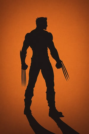 the black silhouette of wolverine in front of a orange background, in the style of movie poster, stark minimalism, symmetry, silhouette,Text 