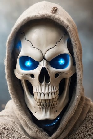 (full-length Post apocalyptic alien skull in a white burlap hood with blue glowing eyes, Post apocalyptic bg),