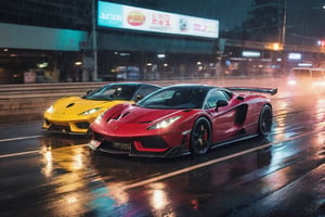 A breathtaking, neon-drenched photograph of two exotic supercars engaged in a high-speed street race along a rain-slicked Japanese highway, with motion blur, tire burnout, with reflections of vibrant city lights dancing on their wet surfaces, encapsulating the adrenaline-fueled excitement of the night.
