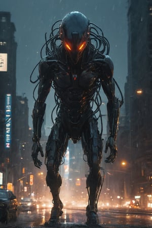 Dirty cyberpunk Alien monster, load wire, perfect proportion, Cyberpunk Edgerunner style, flying over the rough weather city, late night, breathing fire, cold chaos strong contrast,distant view, 8K picture quality, shimmer, delicate picture,loish, jeremy mann, full body shot,