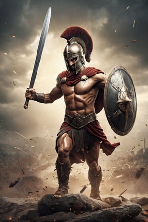 Develop a striking vector composition of a Spartan warrior in the midst of a victorious battle pose, sword and shield raised triumphantly, conveying the essence of strength and valor