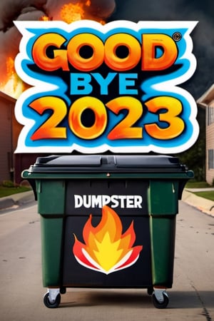 typography "good bye to 2023" realistic flames, dumpster fire