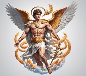 4k detail, god hermes, full view wide angle view, (centered on a white background), T-shirt design illustration, photo r3al, T-shirt design illustration, on a white background, more detail XL, 