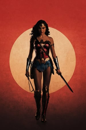 the black silhouette of wonder woman in front of a light red background, in the style of movie poster, stark minimalism, symmetry, silhouette,Text 