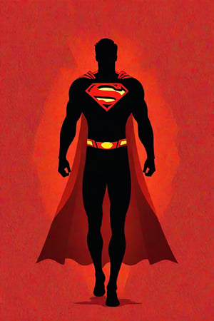 the black silhouette of Superman in front of a red background, in the style of movie poster, stark minimalism, symmetry, silhouette