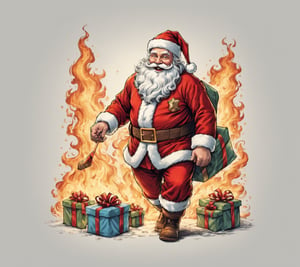 santa delivering presents, full view wide angle view, (centered on a white background), T-shirt design illustration, photo r3al, T-shirt design illustration, on a white background, more detail XL, fire element, flmngprsn,Leonardo style 