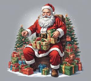 santa delivering presents, full view wide angle view, (centered on a white background), T-shirt design illustration, photo r3al, T-shirt design illustration, on a white background, more detail XL, Leonardo style 