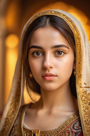 A portrait of a Byzantine style girl with golden background,front view,(masterpiece, top quality, best quality, official art, beautiful and aesthetic:1.2), (1girl:1.4), portrait, extreme detailed, highest detailed, simple background, 16k, high resolution, perfect dynamic composition, bokeh, (sharp focus:1.2), super wide angle, high angle, high color contrast, medium shot, depth of field, blurry background,,itacstl