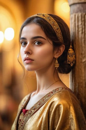 A portrait of a Byzantine style girl with golden background,front view,(masterpiece, top quality, best quality, official art, beautiful and aesthetic:1.2), (1girl:1.4), portrait, extreme detailed, highest detailed, simple background, 16k, high resolution, perfect dynamic composition, bokeh, (sharp focus:1.2), super wide angle, high angle, high color contrast, medium shot, depth of field, blurry background,,itacstl