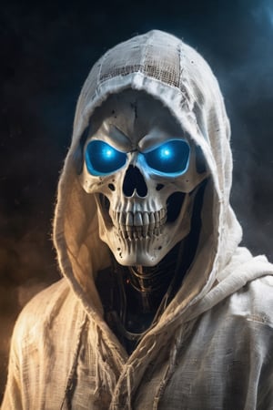 (full-length Post apocalyptic alien skull in a white burlap hood with blue glowing eyes, Post apocalyptic bg),