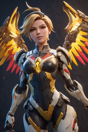 overwatch character mercy petite gorgeous hyper detailed cyber girl short short hair, full body portrait wide angle lens, fantasy world, dark background, overwatch, clean design, epic, artstation, splash of colorful paint, contour, hyperdetailed intricately detailed, unreal engine, fantastical, intricate detail, splash screen, complementary colors, fantasy concept art, 8k resolution, deviantart 

