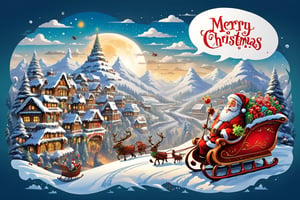 Christmas sleigh, Santa' sleigh, (((speech bubble forms the word: "Merry Christmas"))), Christmas town in the mountain background.