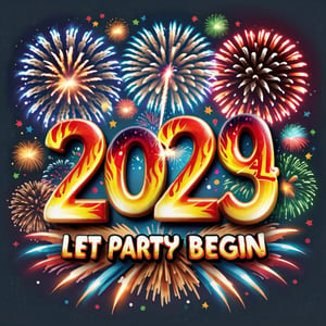 typography "2024 let the party begin" realistic flames, and fireworks