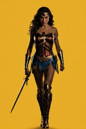 the black silhouette of wonder woman in front of a yellow background, in the style of movie poster, stark minimalism, symmetry, silhouette,Text 