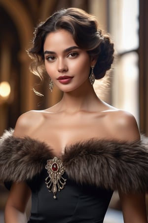 best quality, masterpiece,								
The beautiful Colombian model, her long wavy dark brown hair flowing elegantly, perfectly embodies the intertwining of Art Nouveau's flowing lines with Gothic's enigmatic depth, all while donning a fashionable tight off-the-shoulder black dress. This contemporary piece is artfully paired with a fur trim capelet, adding a touch of opulence. Her look is further elevated by sophisticated fashion accessories, making her the epitome of a glamorous Hollywood star, seamlessly blending historical elegance with modern flair.
ultra realistic illustration,siena natural ratio, by Ai Pic 3D,	16K, (HDR:1.4), high contrast, bokeh:1.2, lens flare,	head to toe,	digital art, ultra hd, realistic, vivid colors, extremely detailed, photography, ultra hd, realistic, vivid colors, highly detailed, UHD, perfect composition, beautiful detailed intricate insanely detailed octane render trending on artstation, 8k artistic photography, photorealistic concept art, soft natural volumetric cinematic perfect light.